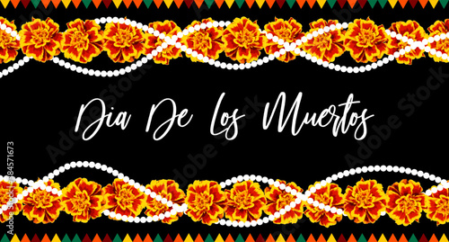 Marigold flower garland. Day of the dead. Halloween. Mexican garland of flowers. Religion festive holiday decoration. Vector illustration isolated on black background. Mexican Day of the dead frame