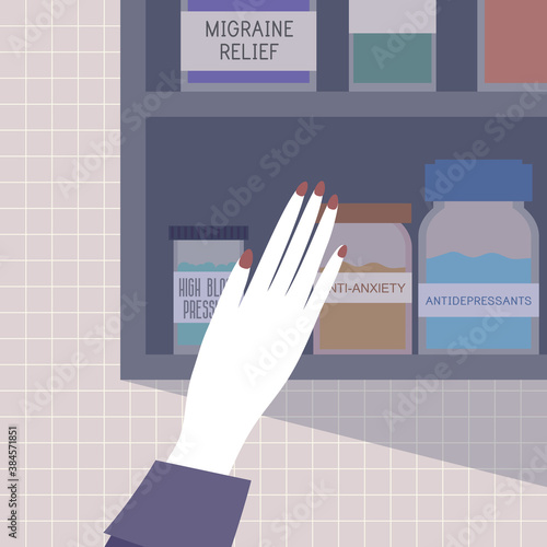 Migraine relief, antidepressants, anti-anxiety, high blood pressure. Mental health therapy. Frustration, depression, addiction, mental stress concept. Character sitting on antidepressants pills