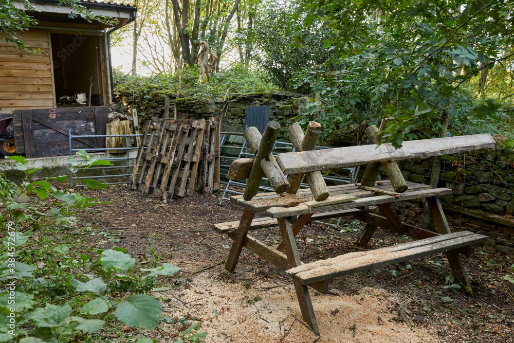 Made from old fence posts, planks, and a picnic table, a DIY sawing horse serves its purpose on the smallholding at 900ft in NIdderdale Made from old fence posts, planks, and a picnic table, a DIY sawing horse serves its purpose on the smallholding at 900ft in NIdderdale