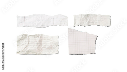 White ripped note, notebook paper stuck with sticky tape on white background.