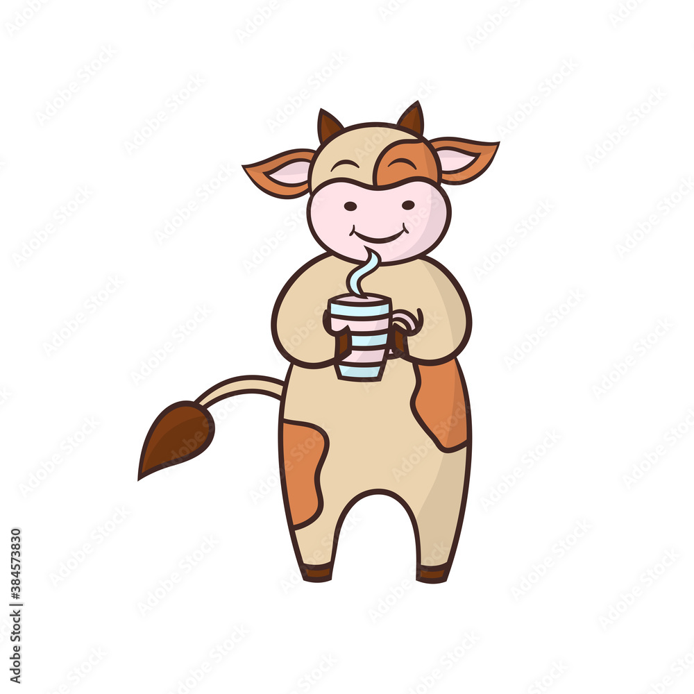 Obraz premium Funny cow drinking coffee or tea from a mug