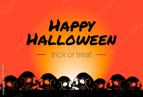 Happy Halloween sculls with the text on the orange grunge background.