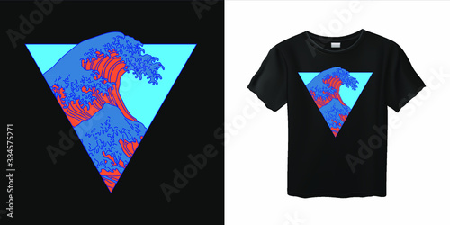 Vaporwave stylish t-shirt and apparel trendy design with Great Wave. Fashion print template with ocean's crest leap, vector illustration. 