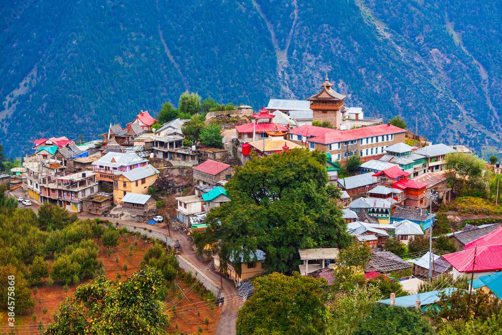 Kalpa town aerial panoramic view, India