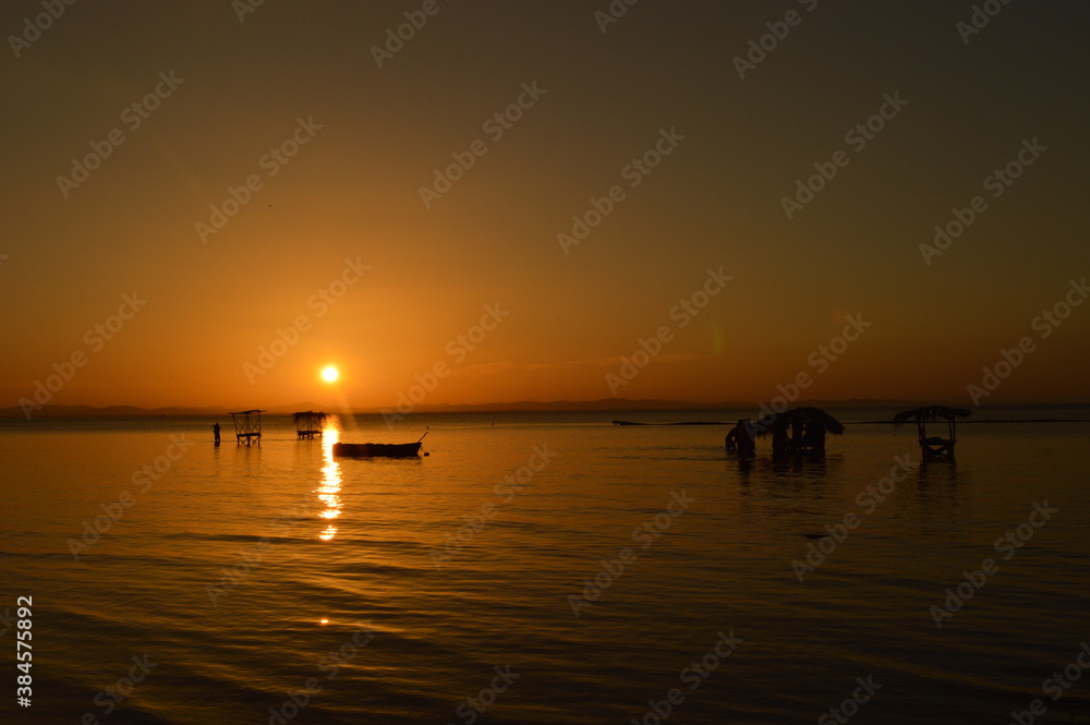 Sunset over the volcanic islands Isla Ometepe and the volcanoes of Léon in Nicaragua, Central America