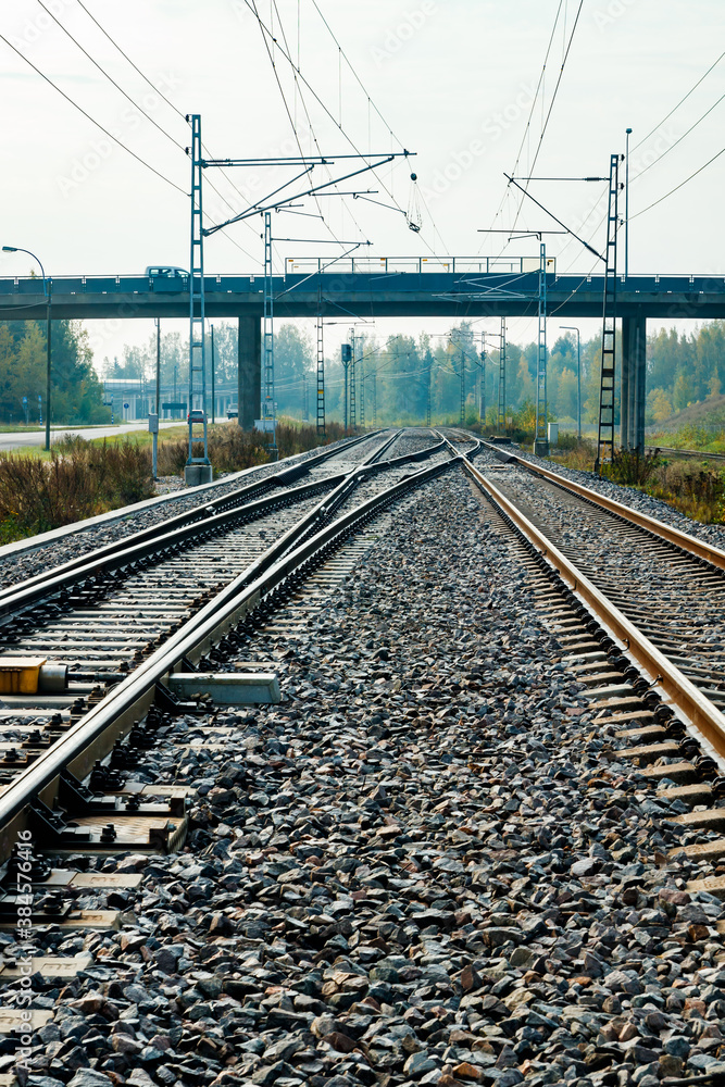 Two lane railroad with electric power lines Two lane railroad with electric power lines