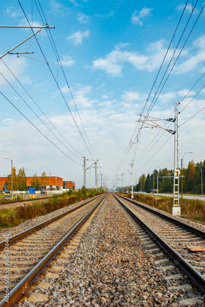 Two lane railroad with electric power lines Two lane railroad with electric power lines