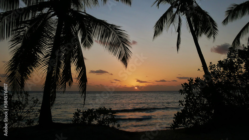 Beautiful sunset on beach Anse Takamaka in the south of Mahe island  Seychelles with sun shining through clouds over horizon and the silhouettes of two coconut palms in foreground.