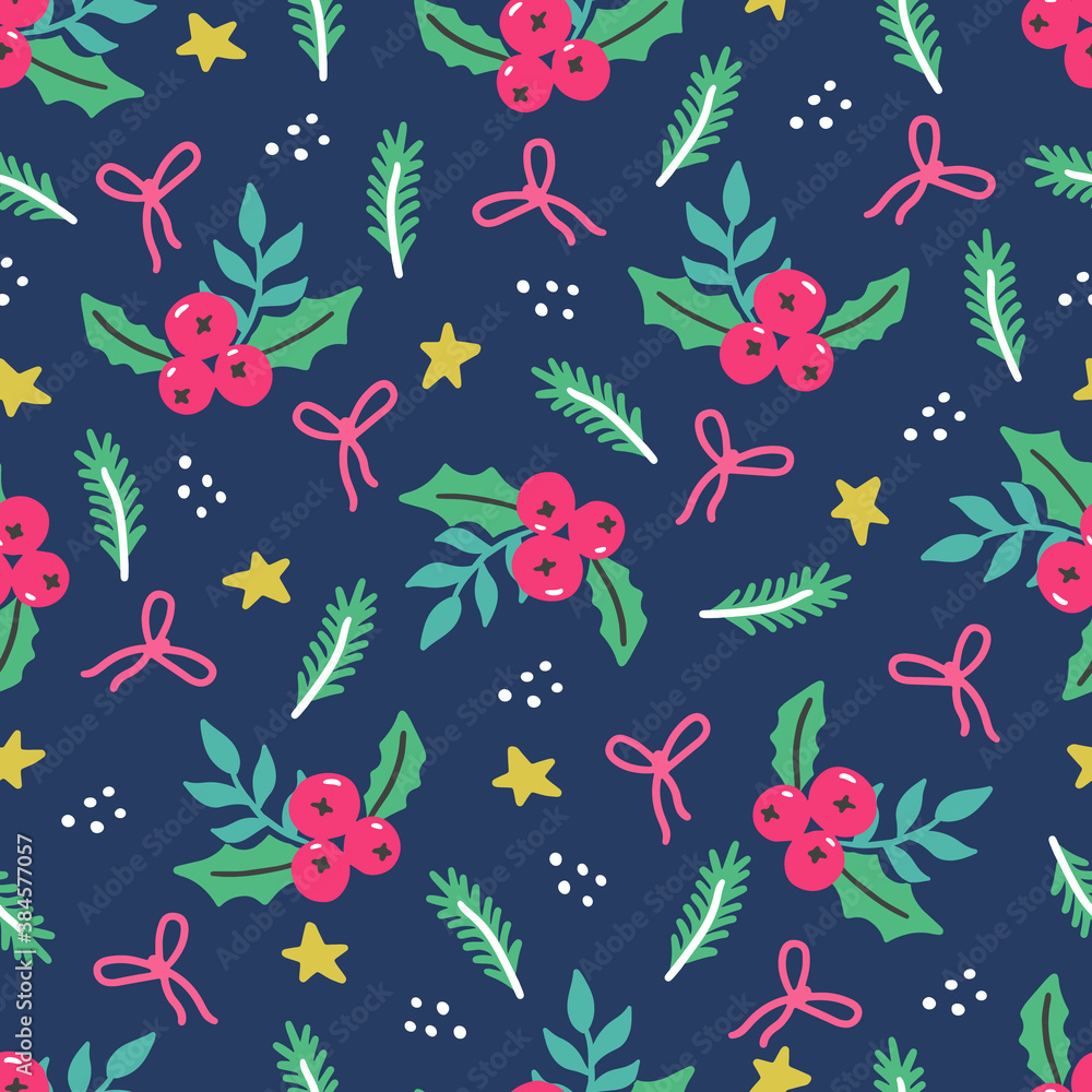 Fototapeta premium Christmas floral seamless pattern with flower, leaf, berries. Hand drawn style illustration. Winter holiday background for wallpaper, textile, fabric design.