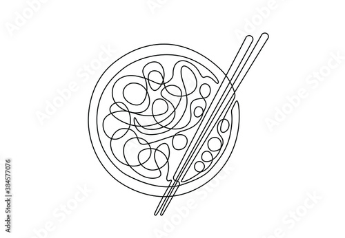 One continuous line drawing of noodles store logo label. Ramen emblem chinese food restaurant concept. Modern single line draw design for shop or food delivery service, vector illustration