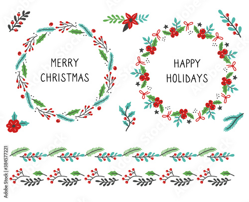 Set of christmas wreath floral frame for text decoration. Hand drawn style illustration.
