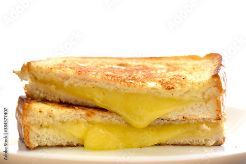 Cheese sandwich on a white plate.  Copy space is above of the sandwich. 