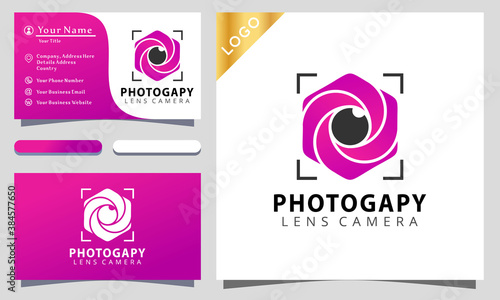 Hexagon shutter camera photograpy colorful logo design vector illustration, business card