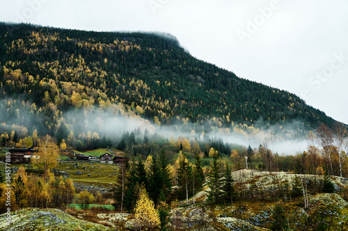 The flog is coming in low in Hallingdal, Norway. Shot in autumn and the colors in nature are then great.