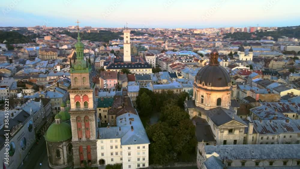 aerial view of morning above old european city aerial view of morning above old european city