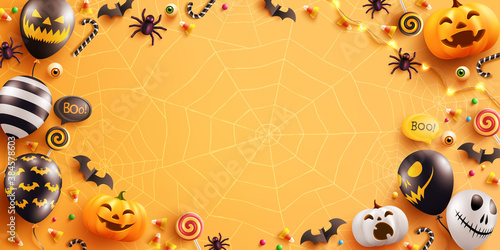 Halloween poster and banner blackguard with cute halloween pumpkin and ghost balloons on yellow background.Website spooky,Background or banner Halloween template.Vector illustration.