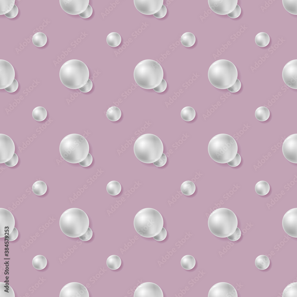 Seamless pattern with white realistic sea pearls on pink background. 3D shiny orbs and shadow. Vector illustration for jewel, beauty, wedding, natural design, fabric, wrapping, wallpaper print. Seamless pattern with white realistic sea pearls on pink background. 3D shiny orbs and shadow. Vector illustration for jewel, beauty, wedding, natural design, fabric, wrapping, wallpaper print.