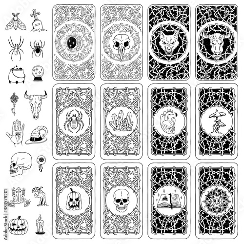 Vector set covers of playing or fortune telling cards of mystical, occult elements.
