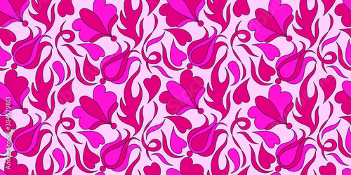 seamless pattern with stylized flowers and leaves in pink tones