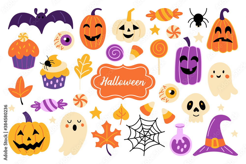 Halloween holiday cute element set. Childish print for card, stickers, party invitations and apparel. Vector Illustration - obrazy, fototapety, plakaty 