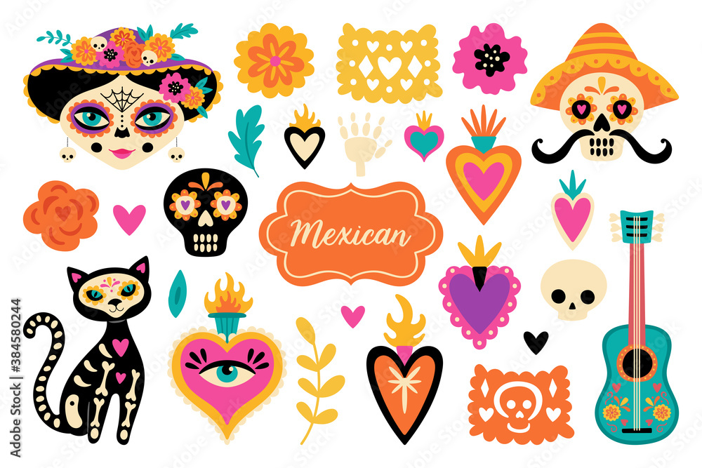 Cute set of mexican elements for Day of the dead Dia de los ...