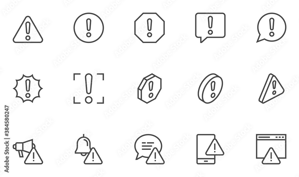 Warnings Vector Line Icons Set. Alert, Attention Sign, Exclamation Mark. Editable Stroke. Pixel Perfect. - obrazy, fototapety, plakaty 