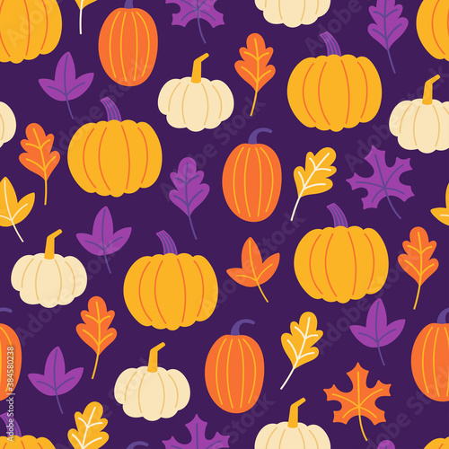 Seamless pattern for autumn season with pumpkin and fall leaves. Childish background for fabric, wrapping paper, textile, wallpaper and apparel. Vector Illustration