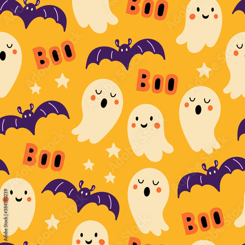 Seamless pattern for Halloween holiday with cute ghost and bat. Childish background for fabric, wrapping paper, textile, wallpaper and apparel. Vector Illustration