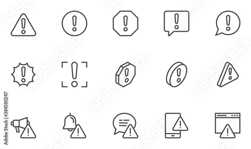 Warnings Vector Line Icons Set. Alert, Attention Sign, Exclamation Mark. Editable Stroke. Pixel Perfect.