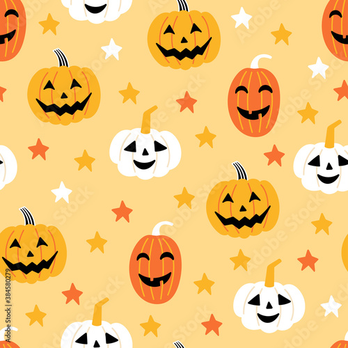 Seamless pattern for Halloween holiday with cute pumpkin jack o lantern. Childish background for fabric, wrapping paper, textile, wallpaper and apparel. Vector Illustration