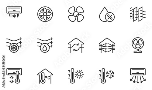 Set of Air Conditioning Vector Line Icons. Air Cooling, Fan, Humidity, Air Circulation, Ventilation. Editable Stroke. 48x48 Pixel Perfect.