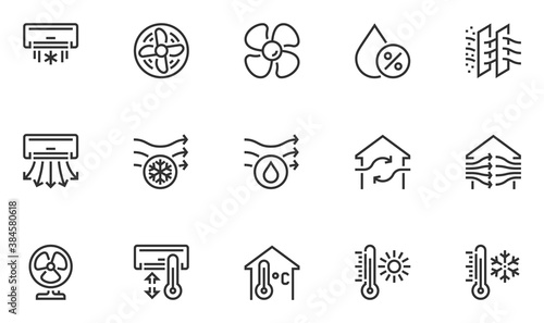 Set of Air Conditioning Vector Line Icons. Air Cooling, Fan, Humidity, Air Circulation, Ventilation. Editable Stroke. 48x48 Pixel Perfect. © kuroksta
