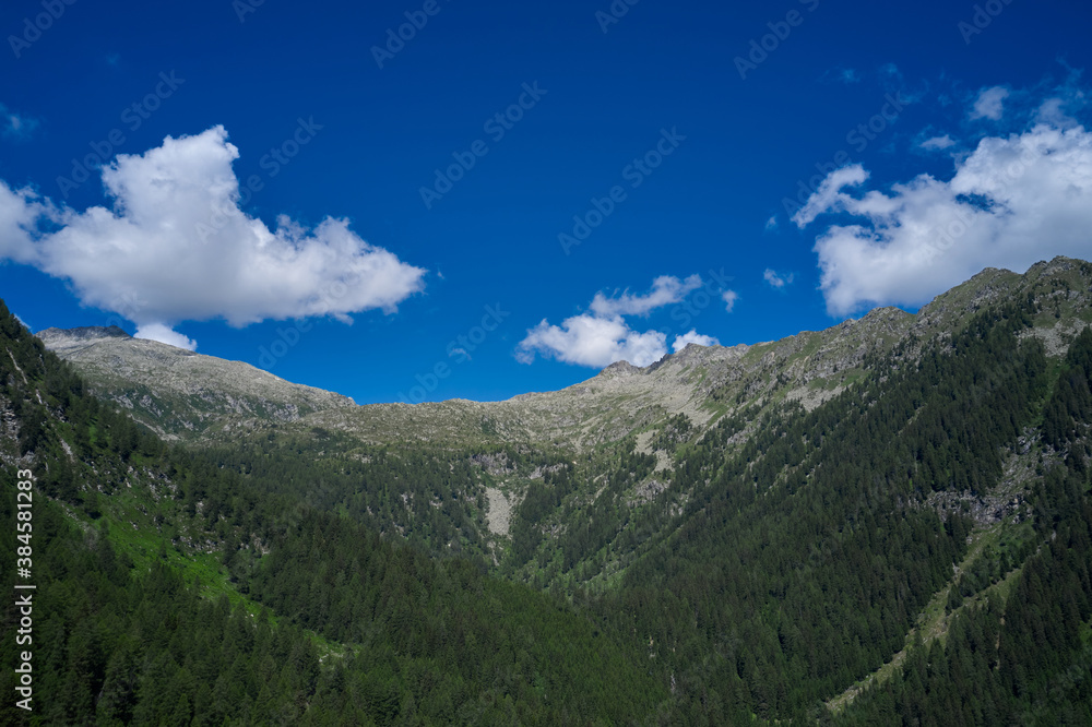 Fototapeta premium Panorama of beautiful countryside of Italy. Mountainous countryside at high noon. beautiful rural scenery with trees and fields on the rolling hills at the foot of the ridge.