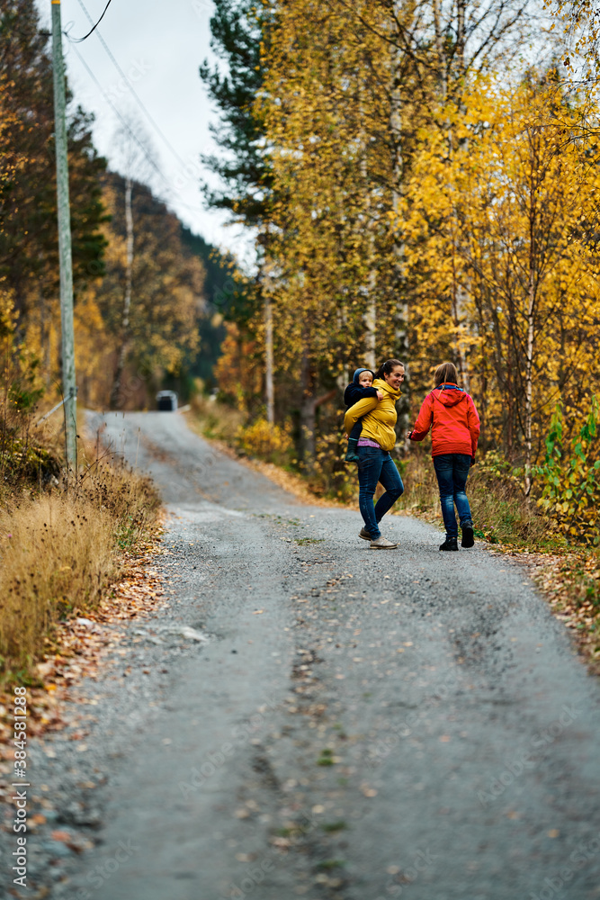 Mother, brother and sister are walking in the beautiful autumn forest. Viivis and strong colors. Shot in Gol, Hallingdal, Norway