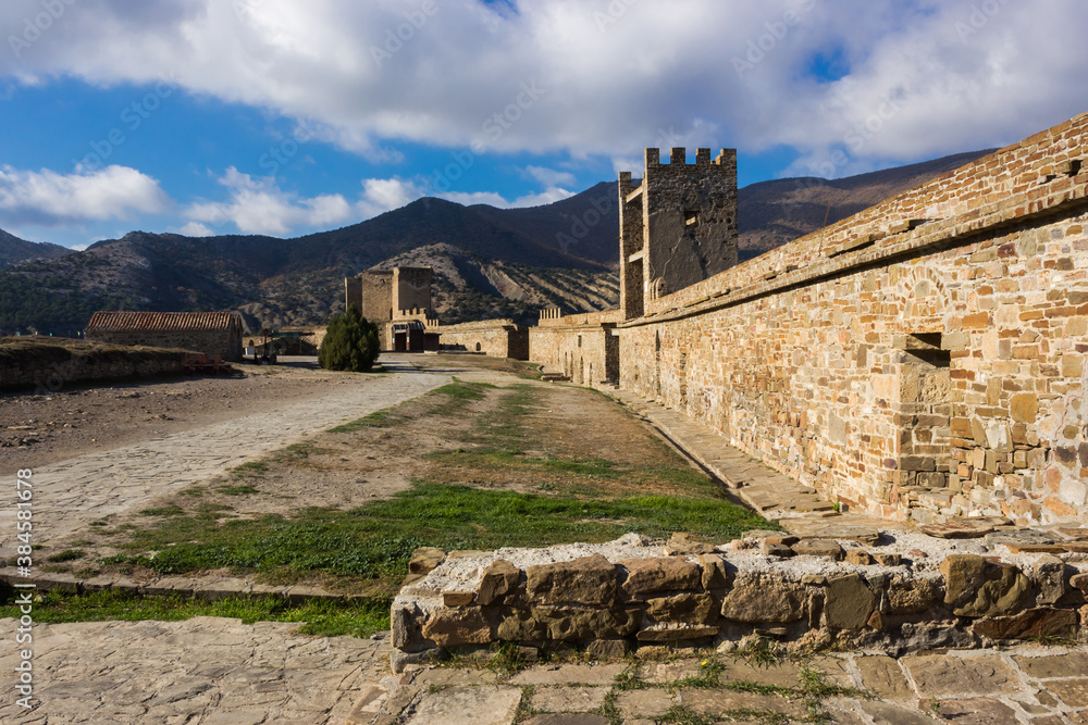 The walls of the Genoese fortress in Sudak, Crimea. The main gate and the tower of Pasquale Giudice.