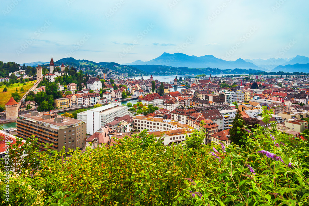 Lucerne city aerial panoramic view, Switzerland - obrazy, fototapety, plakaty 