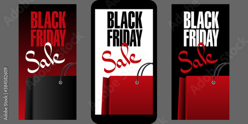 3 Flyers pour les soldes du Black Friday au format d’un Smartphone rouges et noirs.