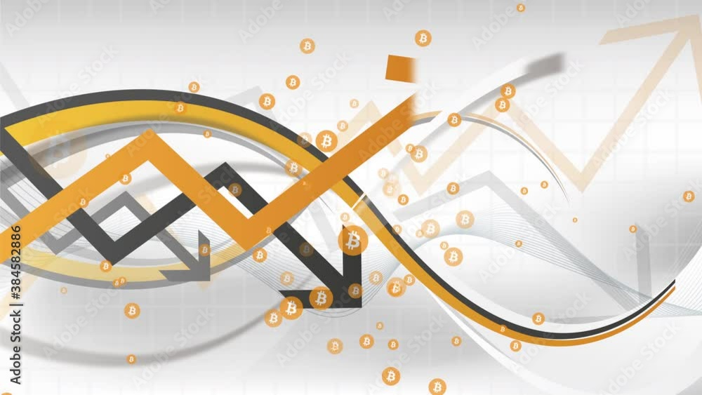 Dynamic animation with bitcoin symbol in metric style with trend arrows in grey and orange colours