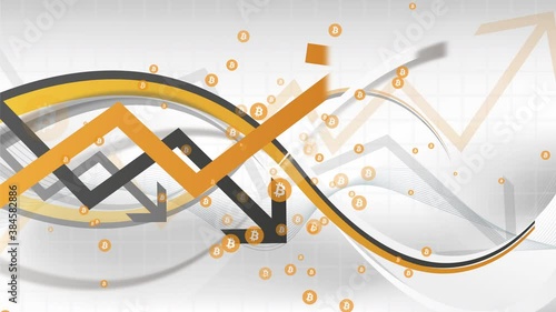 Dynamic animation with bitcoin symbol in metric style with trend arrows in grey and orange colours