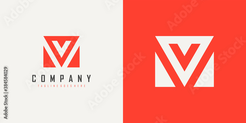 Abstract Initial Letter V and M Linked Logo. Red Geometric Shape Origami Style isolated on Double Background. Usable for Business and Branding Logos. Flat Vector Logo Design Template Element.