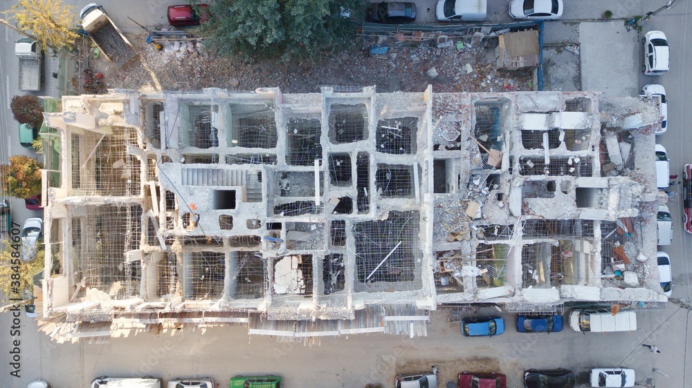 Aerial view of the ruined building at the city center. Aerial view of the ruined building at the city center.