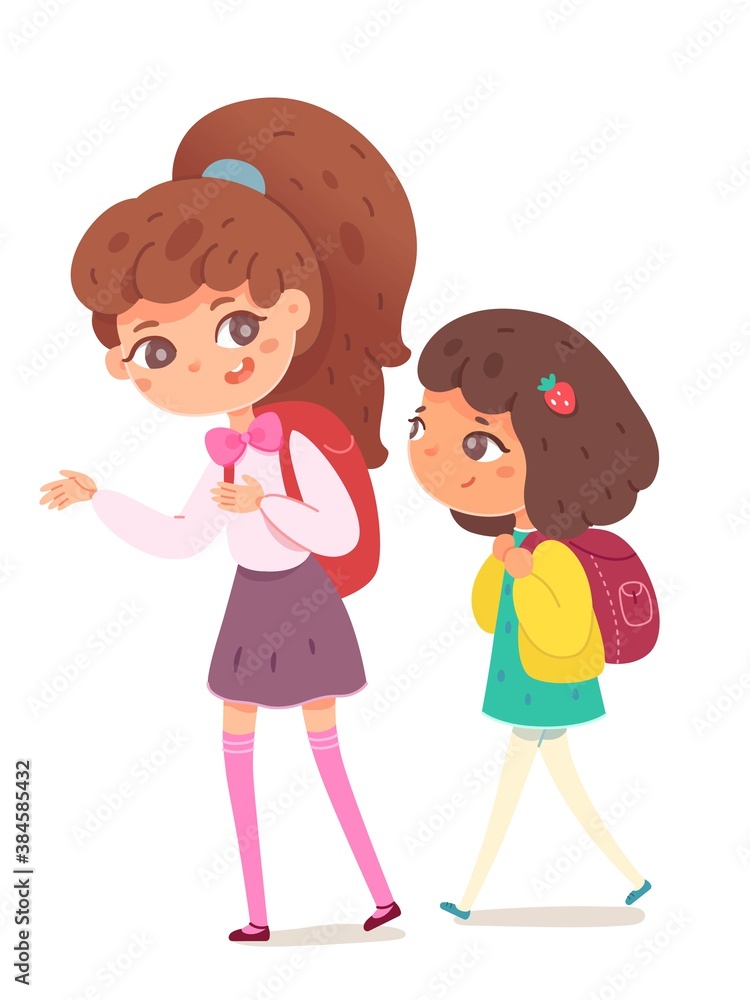 School kids going to study. Happy girls or sisters walking and talking. Learning and primary education vector illustration. Cute schoolchildren with backpacks School kids going to study. Happy girls or sisters walking and talking. Learning and primary education vector illustration. Cute schoolchildren with backpacks