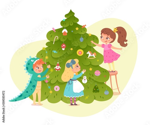 Kids in costumes at Christmas party decorating tree. Cute happy children wearing xmas suits vector illustration. Girls and boy dressed, new year tree with toys, garland decoration