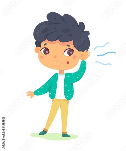 Boy listening to sound. Sense of hearing vector illustration. Small happy child listening and standing in street, holding hand to ear. Joyful cute smiling kid at childhood