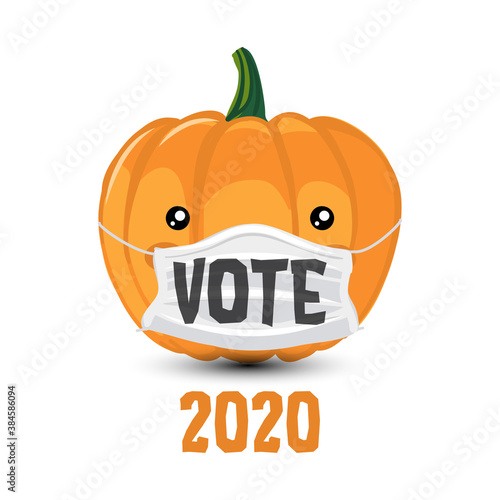 Vote 2020 - vector illustration with cute pumpkin wearing face mask. Hand drawn lettering quote. Kawaii happy Halloween cartoon pumpkin. Go vote 2020 text for presidential Election of USA Campaign.