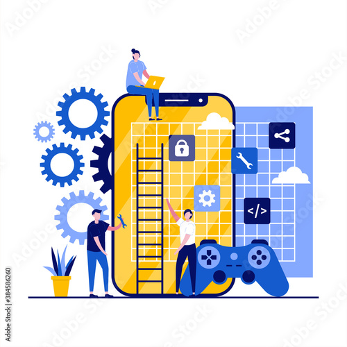 Mobile game development, gaming industry concepts with character, joystick. Smartphone game programming. Modern flat style for landing page, mobile app, poster, flyer, web banner, hero images