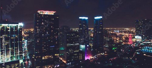 Aerial night view of Downtown Miami  slow motion of cityscape and buildings  slow motion.