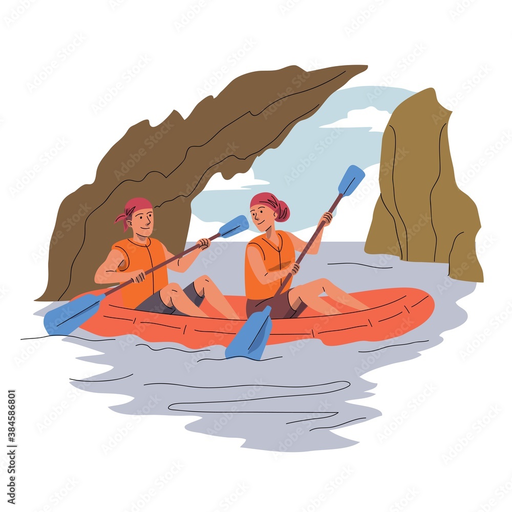 Obraz premium Couple rowing in boat. Happy man and woman traveling in kayak or canoe in water. Tourist outdoor scene vector. Swimming together. Sunny vacation holiday and exploration in nature