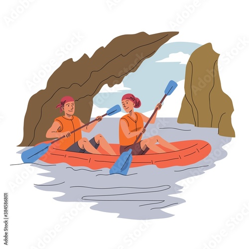 Couple rowing in boat. Happy man and woman traveling in kayak or canoe in water. Tourist outdoor scene vector. Swimming together. Sunny vacation holiday and exploration in nature