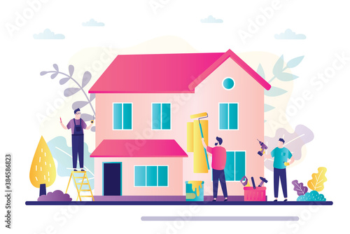 Home renovation banner. Men repairs house. Renovation and reconstruction building. Foreman and workers. Man work